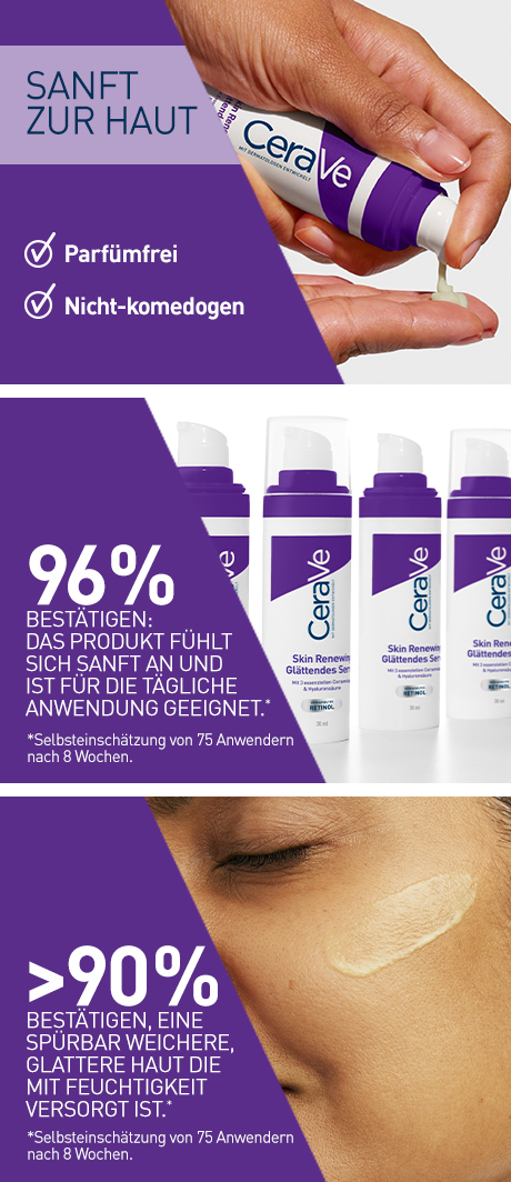 CeraVe Skin Renewing Serum. Sanft zur Haut. 96% bestätigen sanft. >90% bestätigen glattere Haut.